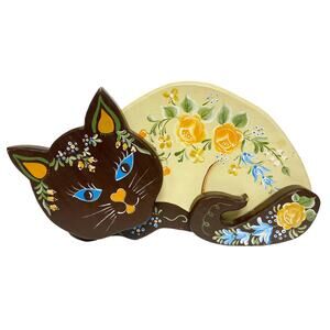 Vintage Cat Hand Painted Floral Decorative Wood Doorstop